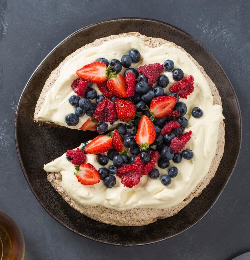 Hazelnut Chocolate Meringue, Fresh Berries and Crème
